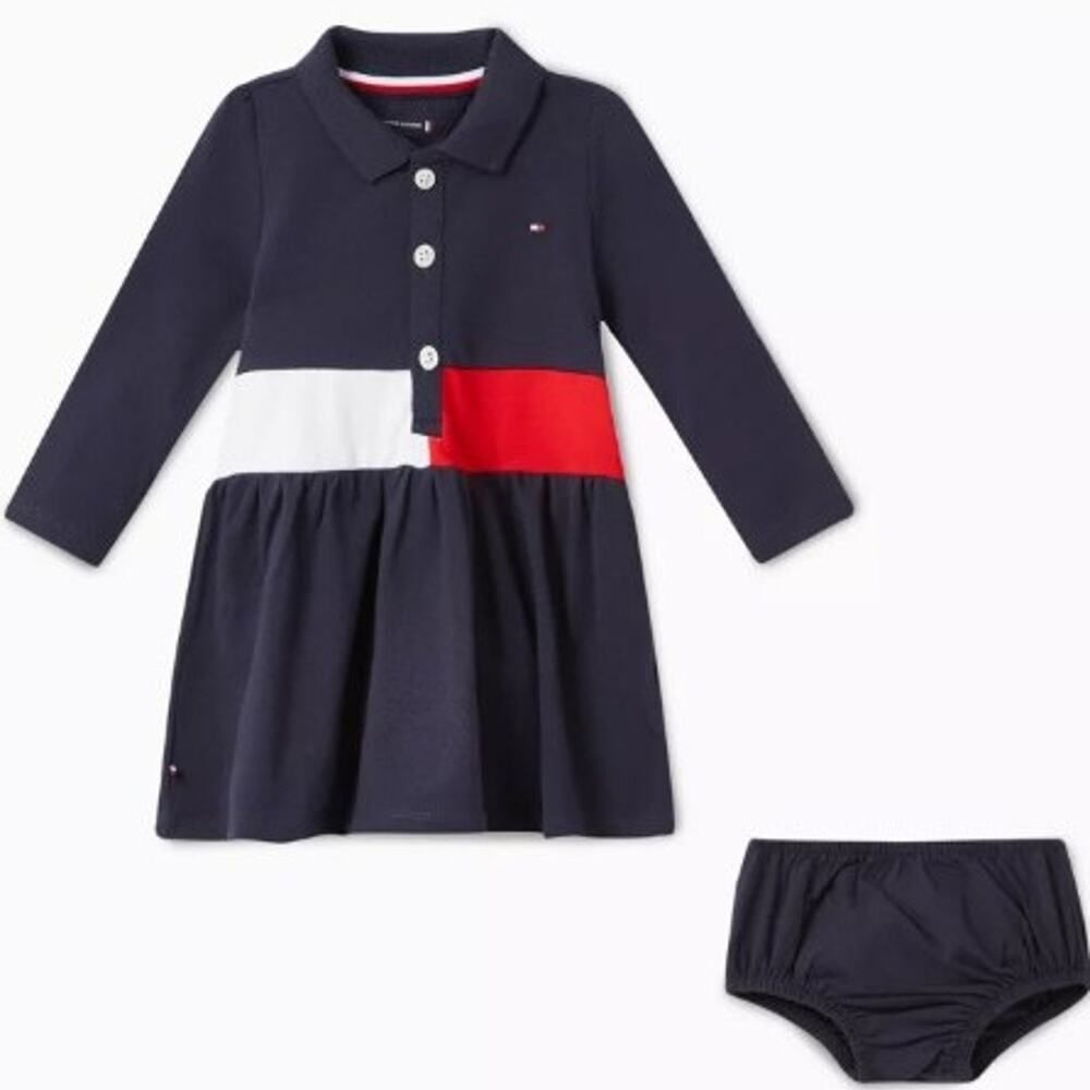 Tommy Hilfiger Colour Blocked Cotton Blend Polo Dress Navy Blue/Red/White 0-3M